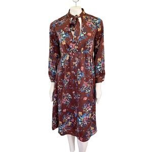 NEW ZARA Collar Tie Satin Effect Retro Floral Midi Dress in Brown  SZ S